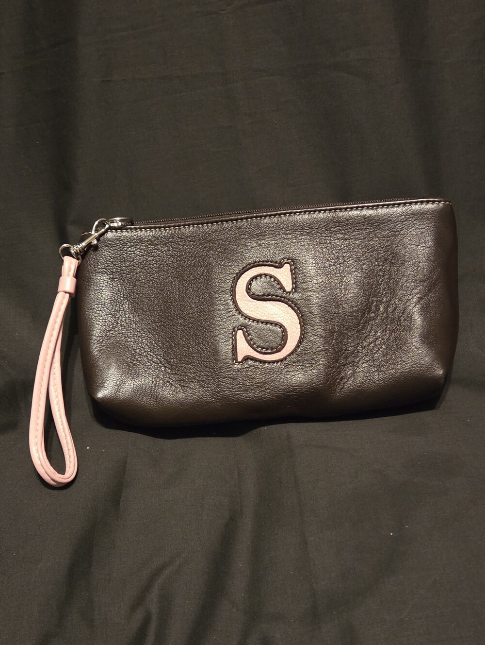 Vintage Dark Brown Leather Initial S Wristlet Bold Leopard Print Satin Interior